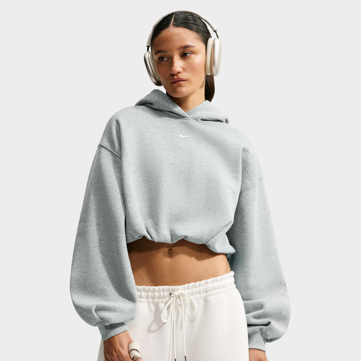 Nike Femme Studio Chandail à capuche Court Surdimensionné Polaire Mi-épais Gris foncé chiné / Voile
