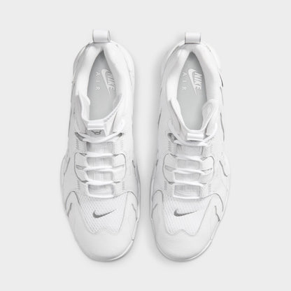 Nike Air DT Max '96 Low. Top view of white and metallic silver sneakers showing white laces, padded tongues and perforated uppers.