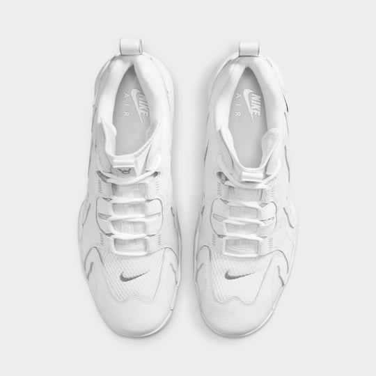Nike Air DT Max '96 Low. Top view of white and metallic silver sneakers showing white laces, padded tongues and perforated uppers.