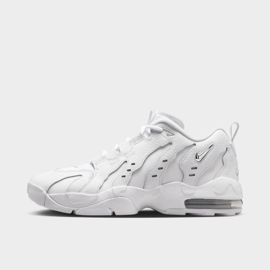 Nike Air DT Max '96 Low. Side view of white and metallic silver sneaker with sculpted overlays, perforated panels and visible Air cushioning.