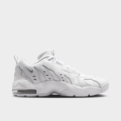 Nike Air DT Max '96 Low. Opposite side view of white and metallic silver sneaker with angular overlays, perforated panels and sculpted sole.
