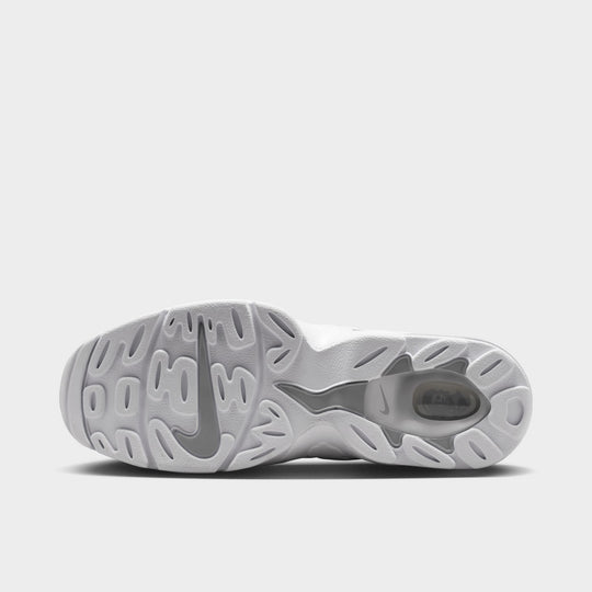 Nike Air DT Max '96 Low. Bottom view of white and metallic silver sneaker showing grey and white segmented outsole with textured tread pattern.