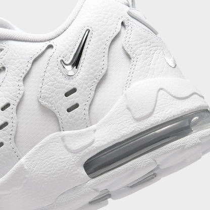 Nike Air DT Max '96 Low. Close-up of white and metallic silver sneaker showing sculpted heel panels and visible Air cushioning.