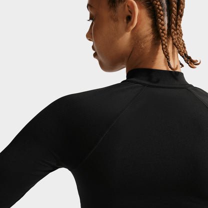 Nike Pro Women's Dry Fit Seamless Fullzip. Close-up of black full-zip top showing high collar, smooth back panel and fitted shoulder seams.