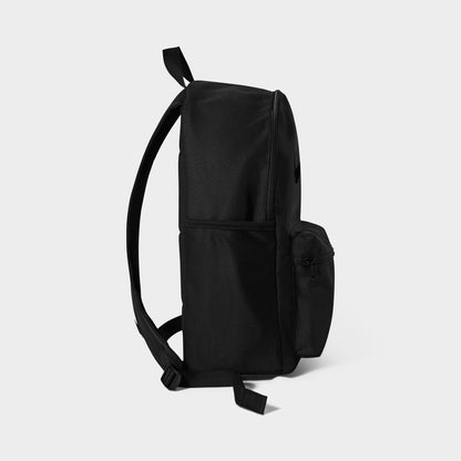 Nike AF1 Heritage Backpack. Side view of black backpack showing the slim profile, shoulder straps and top carry handle.