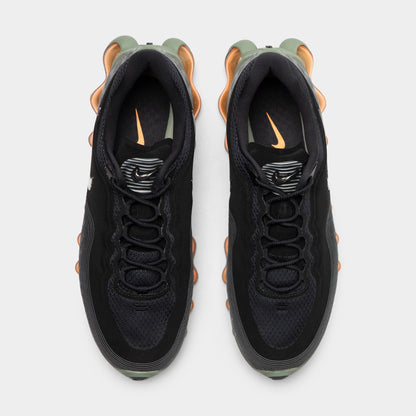 Nike Air Liquid Max. Top view of black, metallic silver and light army sneakers showing black laces, padded tongues and light army heel accents.