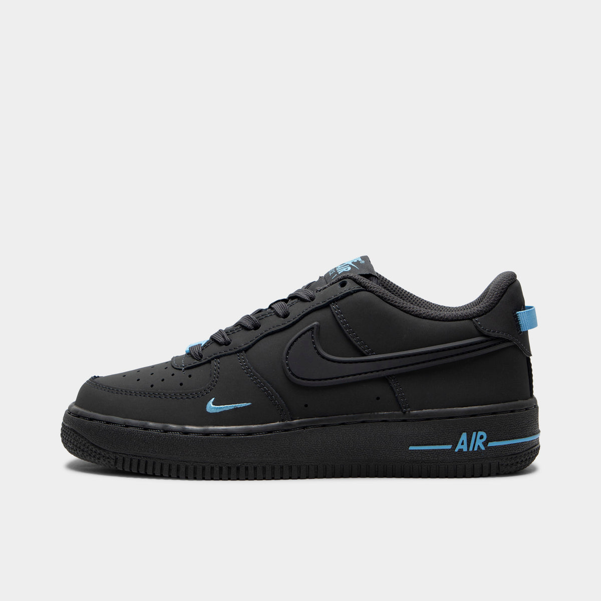 Nike Air Force 1 GS. Side view of kids' low-top sneakers featuring an anthracite leather upper, tonal Swoosh, small football blue embroidered Swoosh on the lateral forefoot, football blue heel pull tab, anthracite midsole with football blue AIR lettering and line, and an anthracite rubber outsole. 