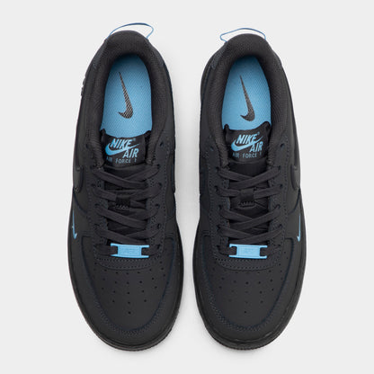 Nike Air Force 1 GS. Top-down overhead view of pair of low-top sneakers showing perforated anthracite toe boxes, tonal laces, football blue lace dubraes, and football blue insoles with Nike Air logos. 
