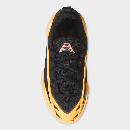 adidas Juniors' Believe That 1. Top view of acid orange and core black junior basketball shoe showing black laces, padded tongue and dark interior.