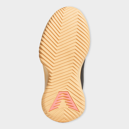 adidas Juniors' Believe That 1. Bottom view of acid orange and core black junior basketball shoe showing orange outsole with textured traction pattern and red adidas detail.