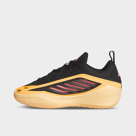 adidas Juniors' Believe That 1. Side view of acid orange and core black junior basketball shoe with black upper, orange sculpted sole and multicolour side detailing.