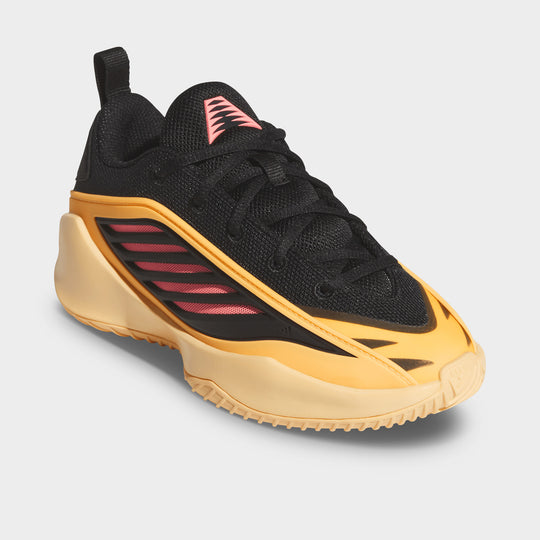 adidas Juniors' Believe That 1. Three-quarter view of acid orange and core black junior basketball sneaker with black laces, orange sole and streamlined shape.