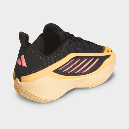 adidas Juniors' Believe That 1. Rear three-quarter view of acid orange and core black junior basketball shoe showing the sculpted heel, black upper and orange sole.
