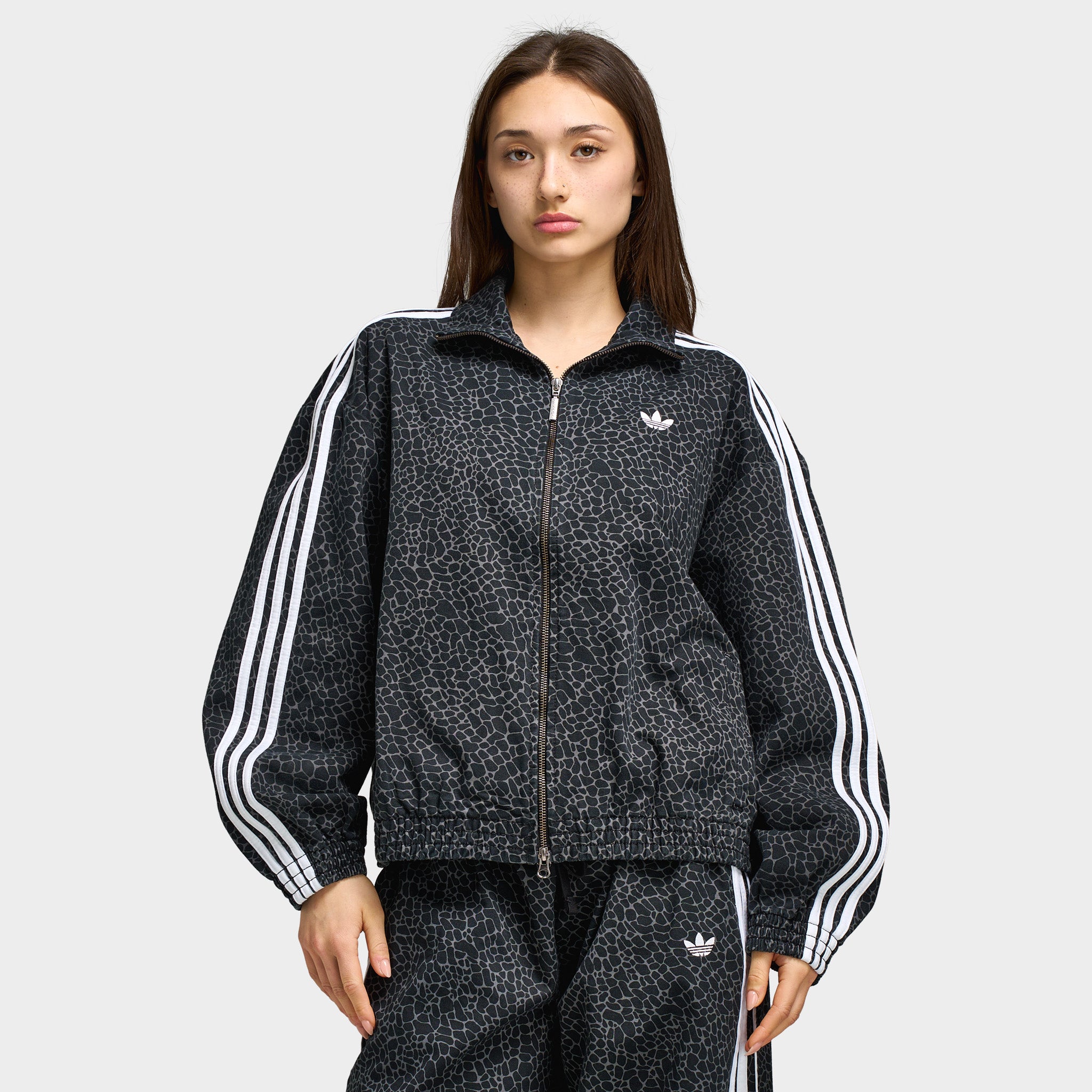 Adidas Women's Firebird Oversized AOP Denim Jacket Black / Grey