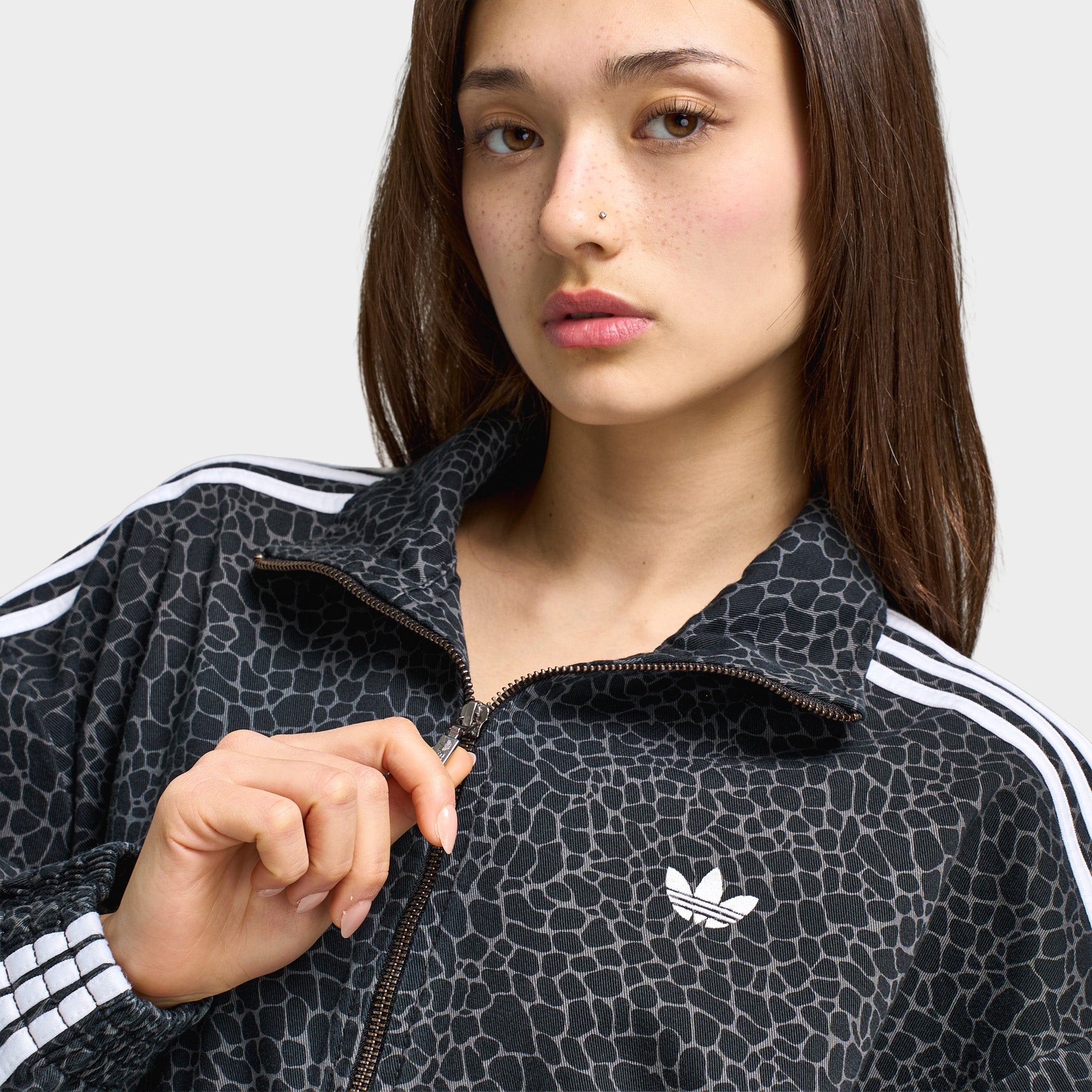 adidas Women's Firebird Oversized All Over Print Denim Jacket