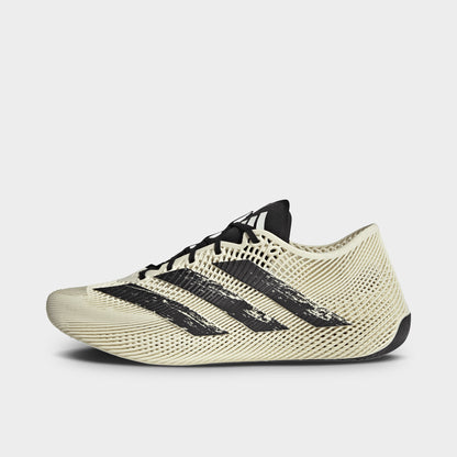 adidas Climacool Laced. Side view of off white and black sneaker with woven upper, black three stripes, black laces and sculpted sole.