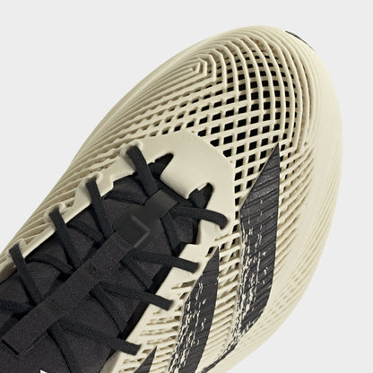 adidas Climacool Laced. Close-up of off white and black sneaker showing black laces, woven texture and black three stripes.