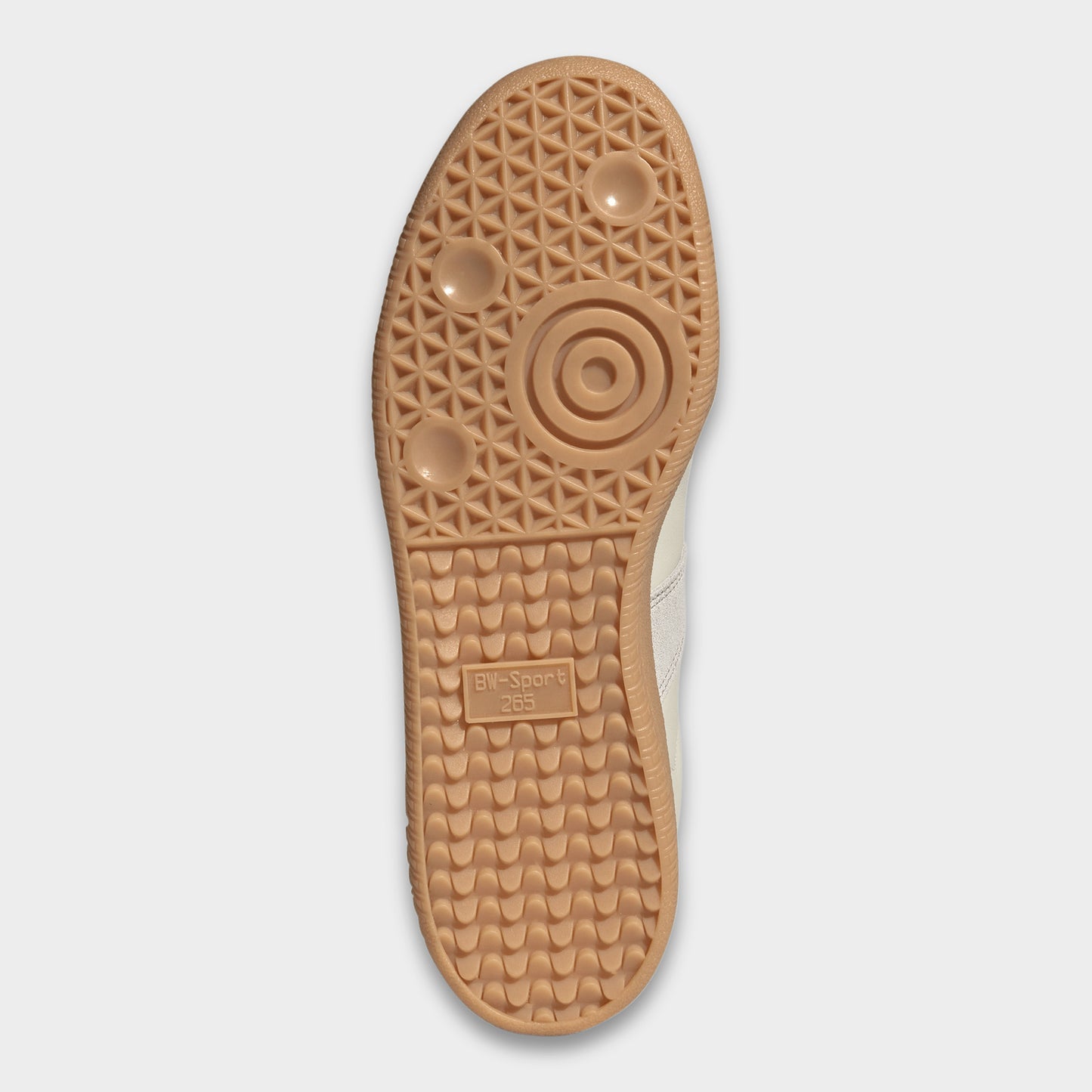 adidas BW Army. Bottom view of chalk white, clear granite and gum sneaker showing brown gum outsole with circular forefoot tread and herringbone grooves.