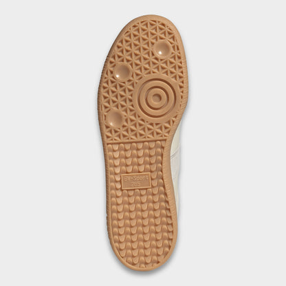 adidas BW Army. Bottom view of chalk white, clear granite and gum sneaker showing brown gum outsole with circular forefoot tread and herringbone grooves.