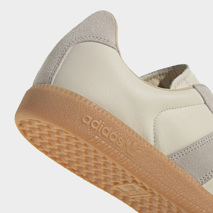 adidas BW Army. Close-up of chalk white, clear granite and gum sneaker showing dark heel panel, padded collar and textured gum outsole edge.