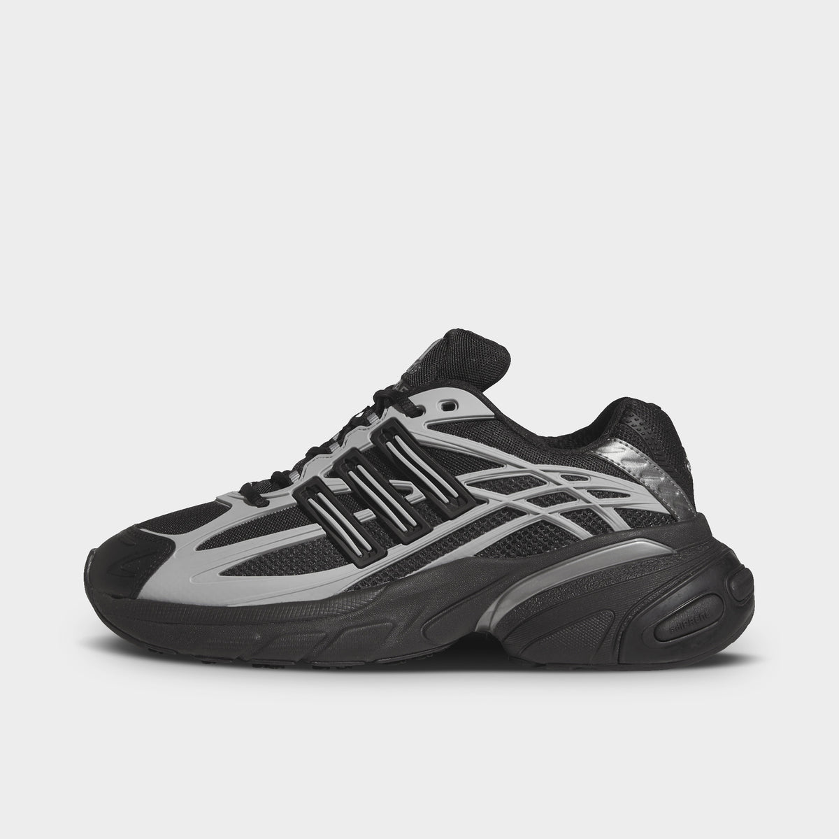 adidas Adistar XLG 2.0. Side view of core black and iron metallic sneaker with layered overlays, metallic three stripes and sculpted black sole.