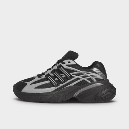 adidas Adistar XLG 2.0. Side view of core black and iron metallic sneaker with layered overlays, metallic three stripes and sculpted black sole.