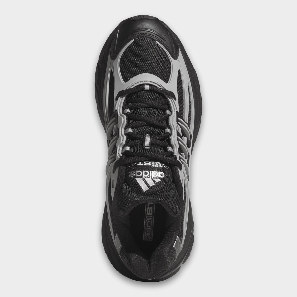 adidas Adistar XLG 2.0. Top view of core black and iron metallic sneaker showing black laces, padded tongue and black collar.
