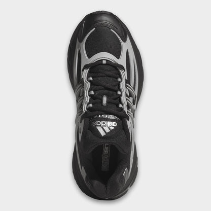 adidas Adistar XLG 2.0. Top view of core black and iron metallic sneaker showing black laces, padded tongue and black collar.