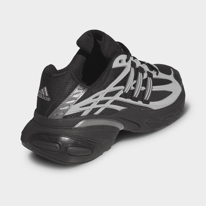 adidas Adistar XLG 2.0. Opposite side view of core black and iron metallic sneaker with layered panels, metallic detailing and sculpted heel.