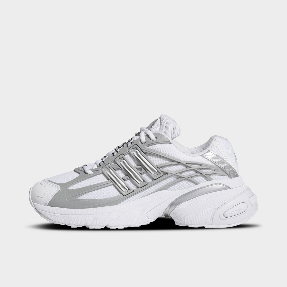 adidas Adistar XLG 2.0. Side view of footwear white and silver metallic sneaker with layered overlays, three stripes and sculpted sole.