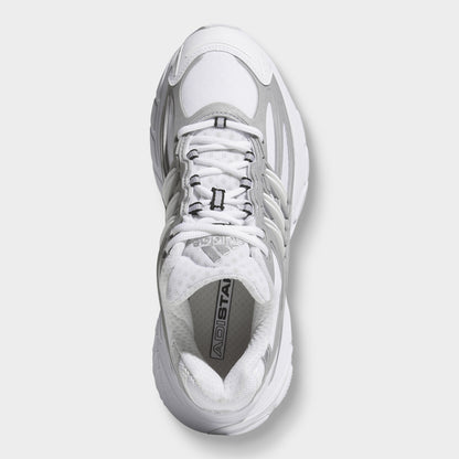 adidas Adistar XLG 2.0. Top view of footwear white and silver metallic sneaker showing white laces, padded tongue and collar.