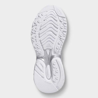 adidas Adistar XLG 2.0. Bottom view of footwear white and silver metallic sneaker showing white outsole with segmented tread pattern.