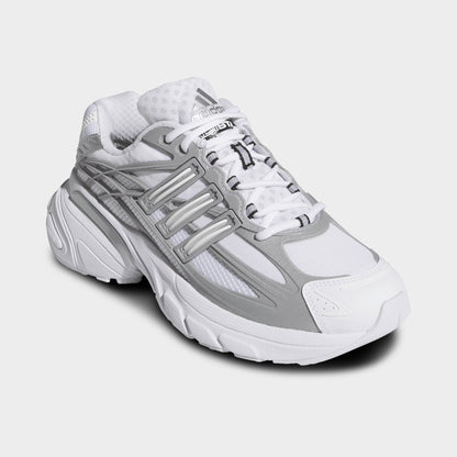 adidas Adistar XLG 2.0. Three-quarter view of footwear white and silver metallic sneakers with white laces, layered uppers and chunky soles.