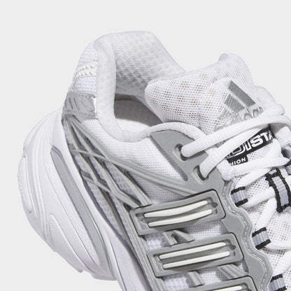 adidas Adistar XLG 2.0. Close-up of footwear white and silver metallic sneaker showing white laces, mesh panels and three stripes.