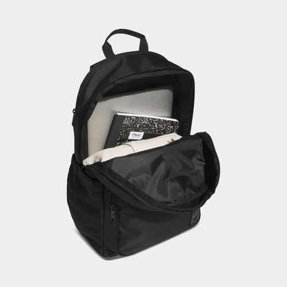 adidas Premise 2.0 Backpack. Interior view of black backpack showing the open main compartment, internal sleeve and zippered front section.