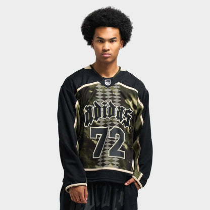 adidas Hockey Jersey. Olive strata camo print mesh hockey jersey featuring V-neck insert, black sleeves, cream trim, gothic "adidas" font, and large "72" front graphic. 