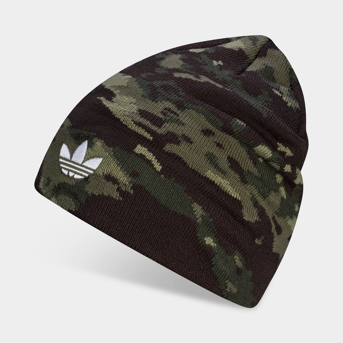adidas Cuffless Camo Beanie. Three-quarter view of camo beanie with green and brown pattern, ribbed knit and white Trefoil logo.