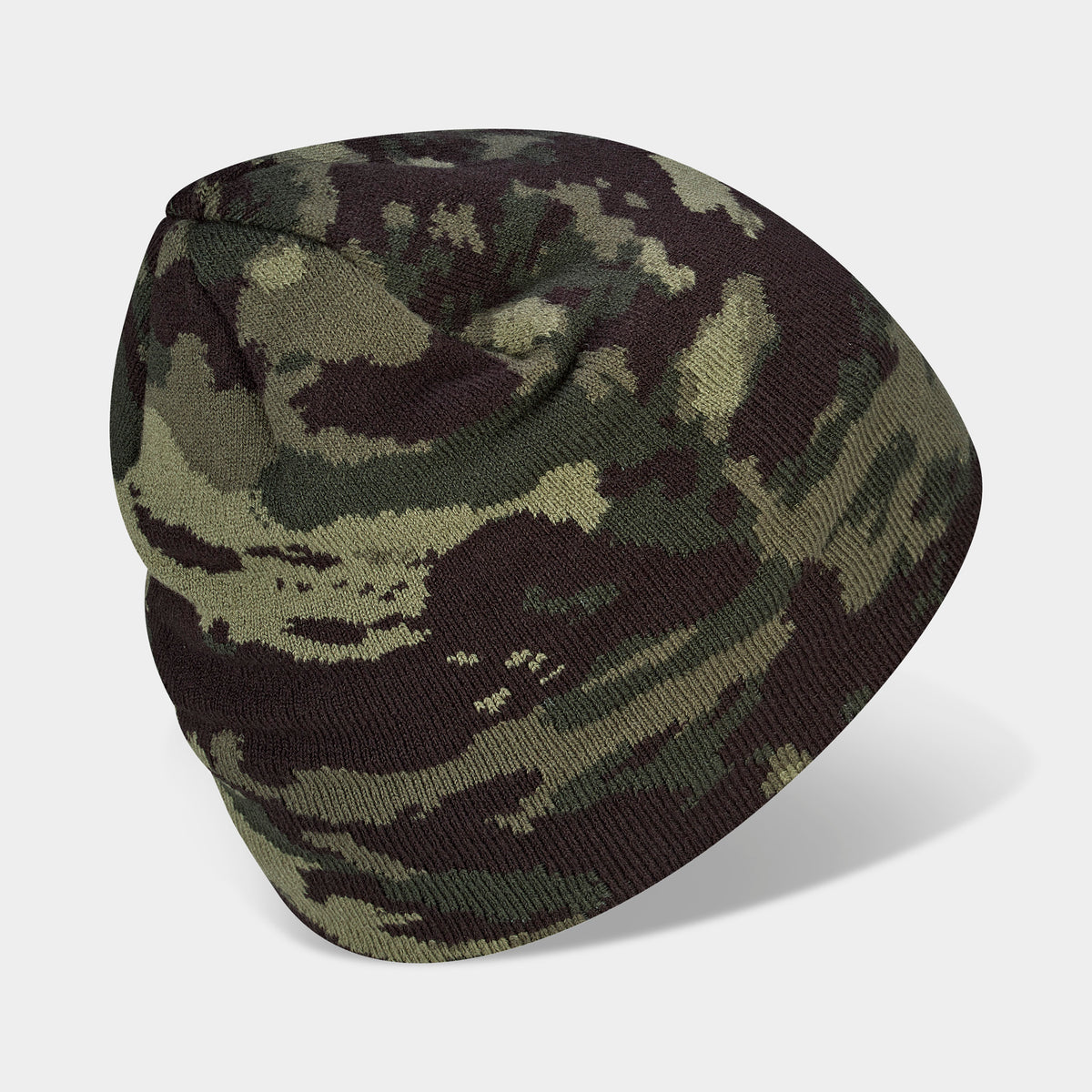 adidas Cuffless Camo Beanie. Rear three-quarter view of camo beanie showing green and brown camouflage pattern and cuffless knit construction.