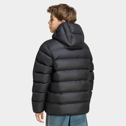 adidas Juniors' Blocking Regular Puffer. Upper body rear view showing the black hooded puffer jacket with continuous horizontal baffle quilting across the back and sleeves. 
