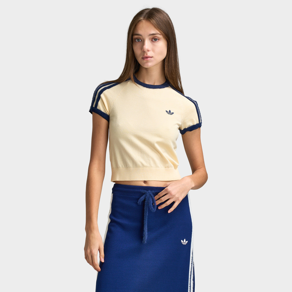 adidas Women's 3 Stripe Knit T-Shirt Warm Vanilla / Night Indigo