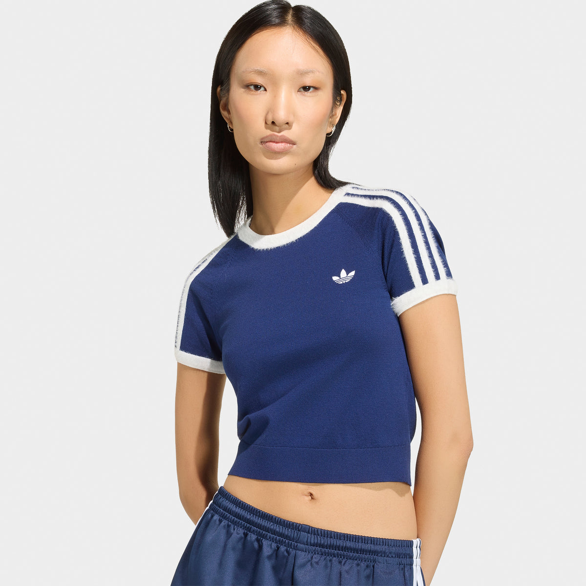adidas 3 Stripe Knitted T-Shirt Dark Blue / White
