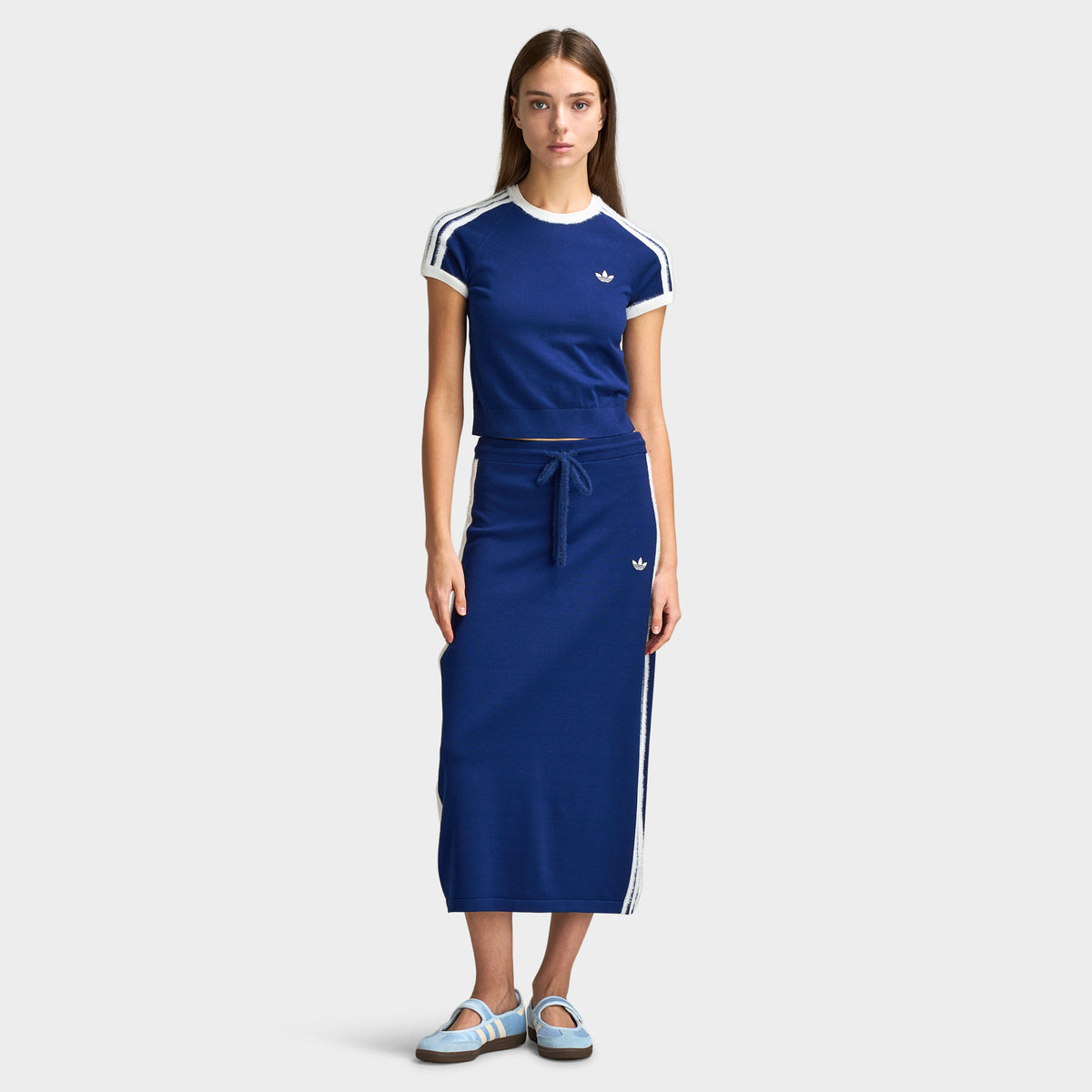 adidas Women's 3 Stripe Knitted T-Shirt Dark Blue / White