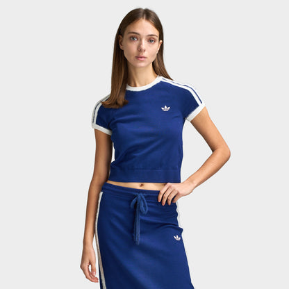 adidas Women's 3 Stripe Knitted T-Shirt Dark Blue / White