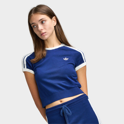 adidas Women's 3 Stripe Knitted T-Shirt Dark Blue / White