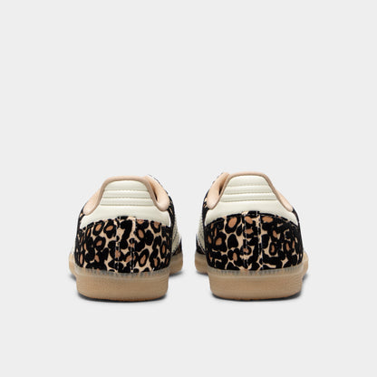 adidas Juniors' Samba OG J. Rear view of sand strata, ivory and gum junior sneakers with light heel tabs, patterned uppers and gum soles.