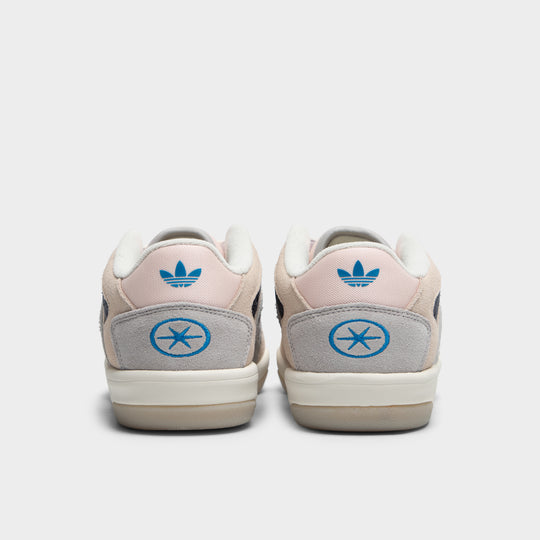 adidas BadBo 1.1. Rear view of a pair of low-top skate sneakers displaying grey two suede heel counters, pink heel tabs with blue Trefoil logos, blue circular star graphics, and off-white midsoles with translucent gum outsoles. 