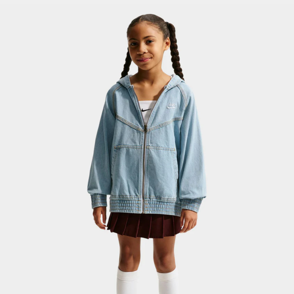 Kid wears Nike Sportswear Juniors Denim Full Zip Jacket “Light Armory Blue” jacket. Shop Kids’ Clothing now at JD Sports.