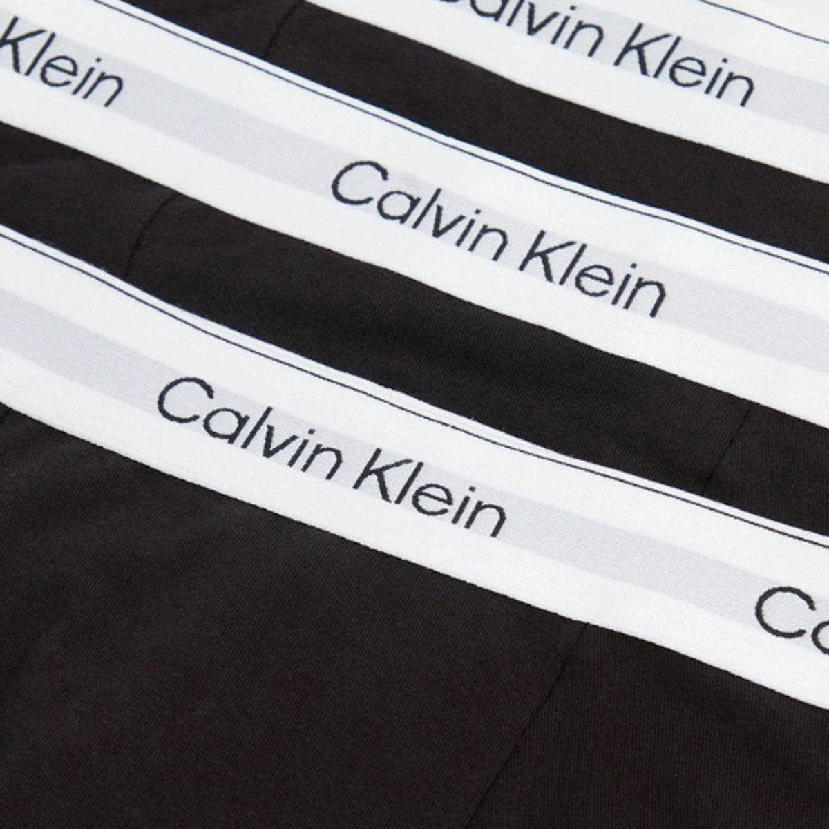 Calvin Klein Icon Cotton Stretch Boxer Brief (3P) / Black close-up, black boxer briefs showing layered white waistbands with black Calvin Klein branding.