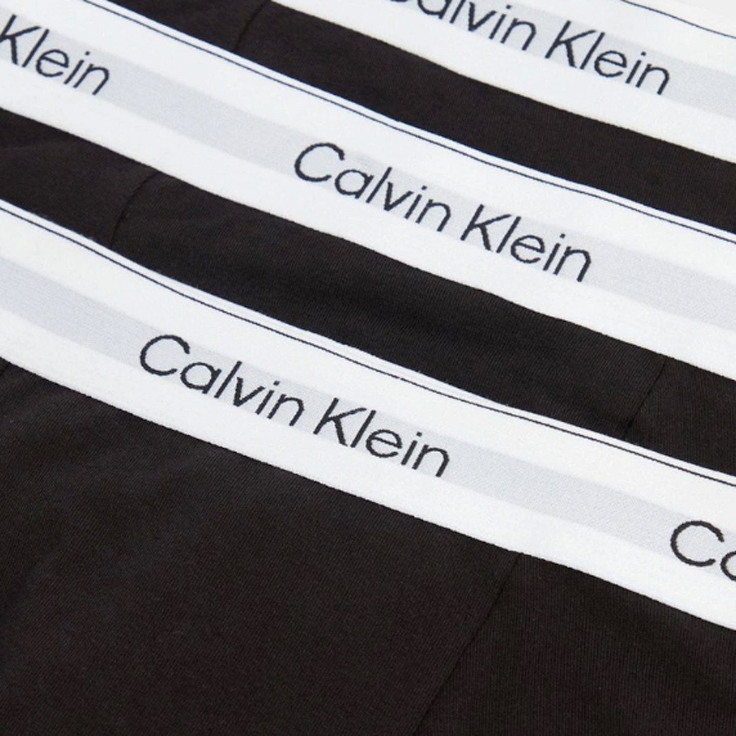 Calvin Klein Icon Cotton Stretch Boxer Brief (3P) / Black close-up, black boxer briefs showing layered white waistbands with black Calvin Klein branding.