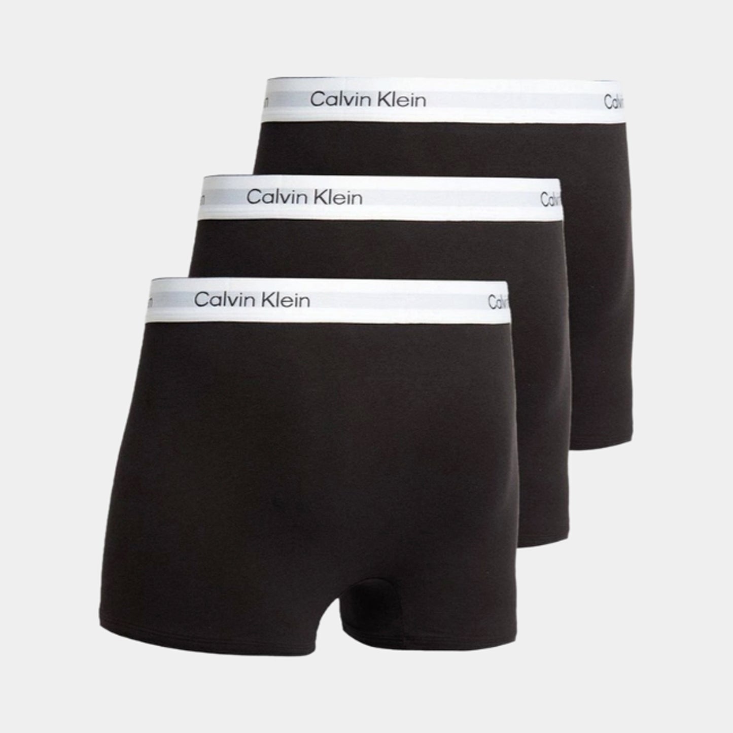 Calvin Klein Icon Cotton Stretch Boxer Brief (3P) / Black angled view, black boxer briefs arranged as a three-pack with white Calvin Klein branded waistbands.